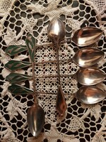 Csodaszép -- SZECESSIÓS  stíl. -teáskanalak ( 6db) ZOMÁNC diszítés. csavart nyél -ezüstözött ? fém -