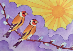 Tengelicek barka ágon, színes, madaras festmény (akvarell & színes ceruza)