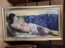 Akt festmény, olaj, farost, 43x81 cm+keret