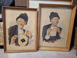 2 db akvarell festmény, bolgár népviseletes parasztbácsiról, méret fényképezve