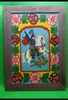 Antik erdélyi üveg ikon ,fa keretben :Sárkányölő Szent  György 19 sz vége