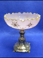 Barokk győri fémjeles ezüst talpú asztalközép aranyozott kézzel festett üvegkristállyal  18 sz