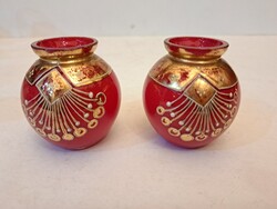 Páros art deco üveg váza pár, kézzel festett, aranyozott, színesüveg, 1920-as évek, RITKASÁG