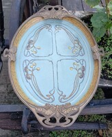 Szecessziós réz-porcelán kínáló tál(ca)