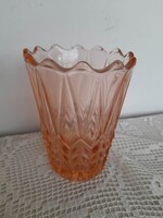 Art Deco stílusú, lazac/mályva színű, sajtolt üveg váza,