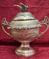 Kuriózum antik ezüstözött madaras cukortartó, talpas tál (M6017)