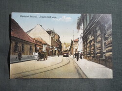 Képeslap,Pécs,Irgalmasok utca,villamos látkép,részlet,Alt Böhm kiadás Pécs,1910-