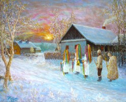 Betlehemezők * Nívós olajfestmény /kiállításon részt vett/ * Hüse J. * Jegyzett *