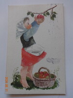 Régi grafikus üdvözlő képeslap, almát szedő kislány - Demjén Zsuzsa rajz