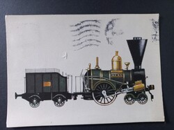 Régi grafikus rajzos képeslap "DERŰ" mozdonymodell Kondor Lajos rajza