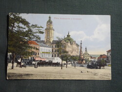 Képeslap,Pécs,Széchenyi tér,szentháromság szobor,városháza,hintó,villamos,1914-