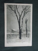 Képeslap,művészet,Magyar Mannheimer Gusztáv,Tél tájkép,grafika,1911-