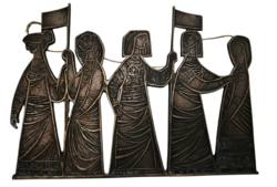 Engel Tevan Istvan szocreál lànyok zászlóval falidekor bronz