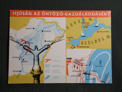 Képeslap,térképes,Kisköre vízlépcső,öntözőrendszere,üdülő,KISZ kiadás,1970-