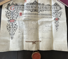 1908 Magyar Királyi József Műegyetem gépészmérnök diploma, Wartha Vince és Wittman Ferenc aláírása
