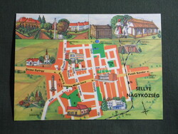 Képeslap,térképes,Sellye nagyközség,ABC áruház,templom,strand,iskola,tanácsháza,1977-