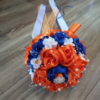 Wedding mcs23 - bridal bouquet of royal blue and orange satin roses with brooch