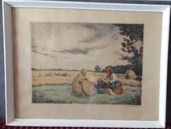 Axaméthy Gyula grafikus műhelyében készült, déli harangszó- színezett-rézkarc