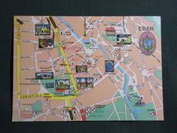 Képeslap,térképes,Eger Tourist,kemping,MÁVAUT buszpályaudvar,Liceum,várkapú,1971-