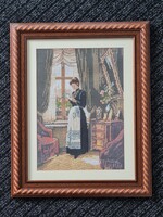 Rudolf Epp: The Letter painting reproduction vintage gobelin in impressive wooden frame