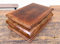 Régi intarziás faberakásos antik ékszeres doboz, biedermeier stílusú fa láda