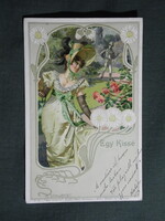 Képeslap,litho,H. Schubert grafika,romantika,szerelem,kalapos hölgy,Neuber Rafael kiadás Bécs,1900-