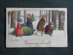 Képeslap,Pauli Ebner grafika,ünnepi,karácsony,erdei jelenet,gyerek modell,1930-