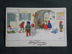 Képeslap,Pauli Ebner grafika,ünnepi,karácsony,városi jelenet,gyerek modell,1930-