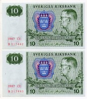 Svédország 10 svéd Korona, 1987 CE, 2 db sorszámkövető egyben, UNC