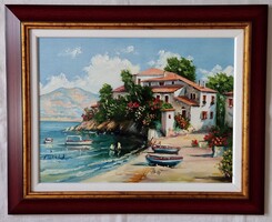 V. Tóth Gábor "Ladikok a fövenyen" c. olajfestmény keretben, ingyen posta