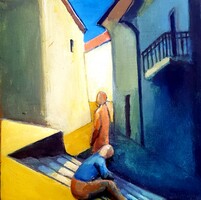 Kovács Tamás Vilmos - Lépcsőn 21,5 x 21,5 cm faragás, olaj,farost 2010