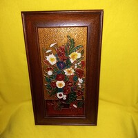 "Csendélet ". Domborműves, zománcozott, réz ,fa keretes, fali kép, kép falidísz.