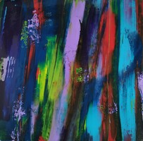 Baján Ildikó festmény 50 x 50 cm. Vertikális sávok, színek ütközése.