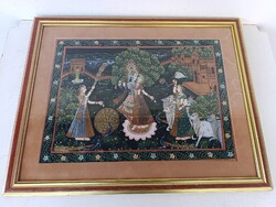 Antik indiai festett színes vászon hindu hinduizmus kép keretben üveg alatt India Krisna gopik 950