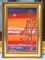 Gálfy-Bódi Tamás: Holdfényben - olajfestmény, szép keretben! erdélyi festő - Vörös táj éjszaka, este