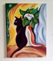 Csendélet macskával / Seres Sándor olaj festménye art deco /