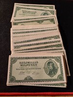 Eladó 1946-os Százmillió milpengő bankjegyek. A bankjegyek hajtatlan,gyűjtői minőségben Aunc.