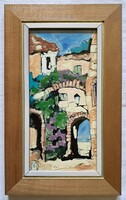Fehér Margit "Mediterrán utcarészlet I." keretezett tűzzománc, ingyen posta