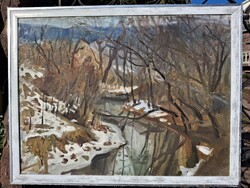 Téli hóolvadás patakpart olaj vászon 60x80 cm olasz fehér-ezüst keret külm: 67x87  Z i r k e lb a ch