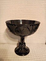 Fekete talpas üvegtál / asztalközép /  24 cm magas, 21cm az átmérője