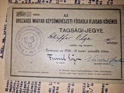 1920, a magyar képzőművészeti főiskola ifjúági köre tagségi jegye