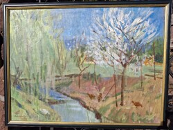 Tavasz pillanatai patakpart olaj vászon 60x80 cm olasz zöld-arany képk. külm 67x87 Z i r k e lb a ch