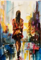 Séta a városban. A4 méret. Kiemelkedően szép akvarell. Egy hét-egy esély! Ne hagyd ki !