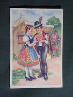 Képeslap,Tury József grafika,művészet,fiú,lány modell,népművészet,népviselet,1940-