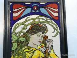 Szecessziós tűgobelin kép.Alphonse Mucha stilusában készült Szép állapotban .