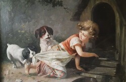 Antik festmény - gyermek, kutya. / 19. század.