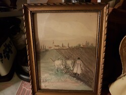 Antik - akvarell - ( vidéki életkép-szántás ökrökkel  ) szignóval- antik keretben- üveggel védve-