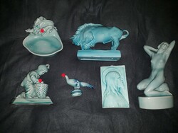 6 db. alapmázas Zsolnay. Akt, bika, Jézus, fiú, fácán, vaddisznó-kutya.