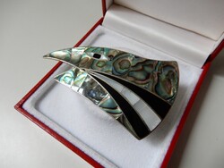 Régi mexikói sas fej formájú alpakka bross abalone kagyló berakással ﻿