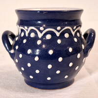 Bello kék alapon fehér pöttyös füles kerámia váza, korsó, kancsó (M=8, D=8) (71.)